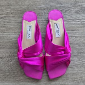 Jimmy Choo Hot Pink Satin Knot Slide Mules